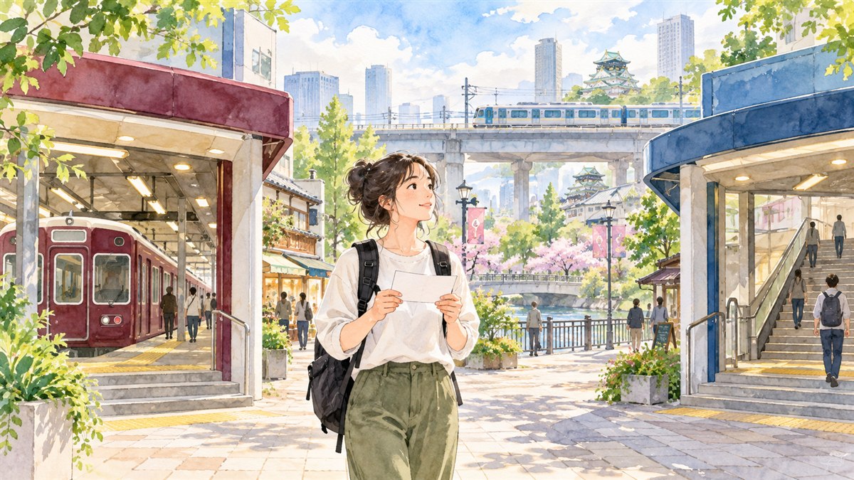 二つの鉄道駅を使い分ける人のイメージイラスト。阪急淡路・JR淡路の実際の駅舎や乗り換え経路ではありません。