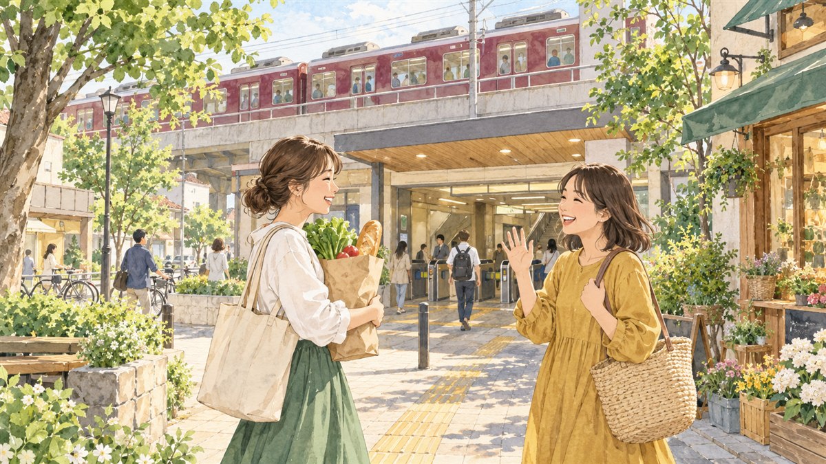 買い物帰りに駅前で待ち合わせる人のイメージイラスト。上新庄駅の実際の改札や店舗ではありません。