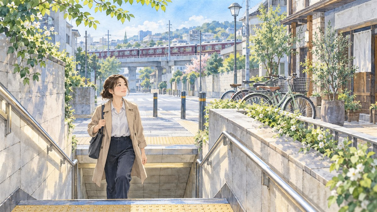 地下の駅入口から住宅街へ出る人のイメージイラスト。下新庄駅の実際の構造や街並みではありません。