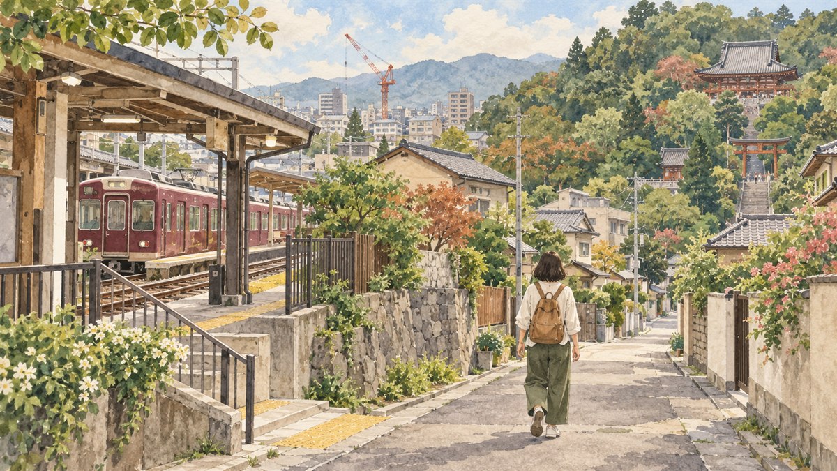 住宅街の駅から緑のある寺院方向へ歩く人のイメージイラスト。崇禅寺駅や実際の寺院・道順の再現ではありません。