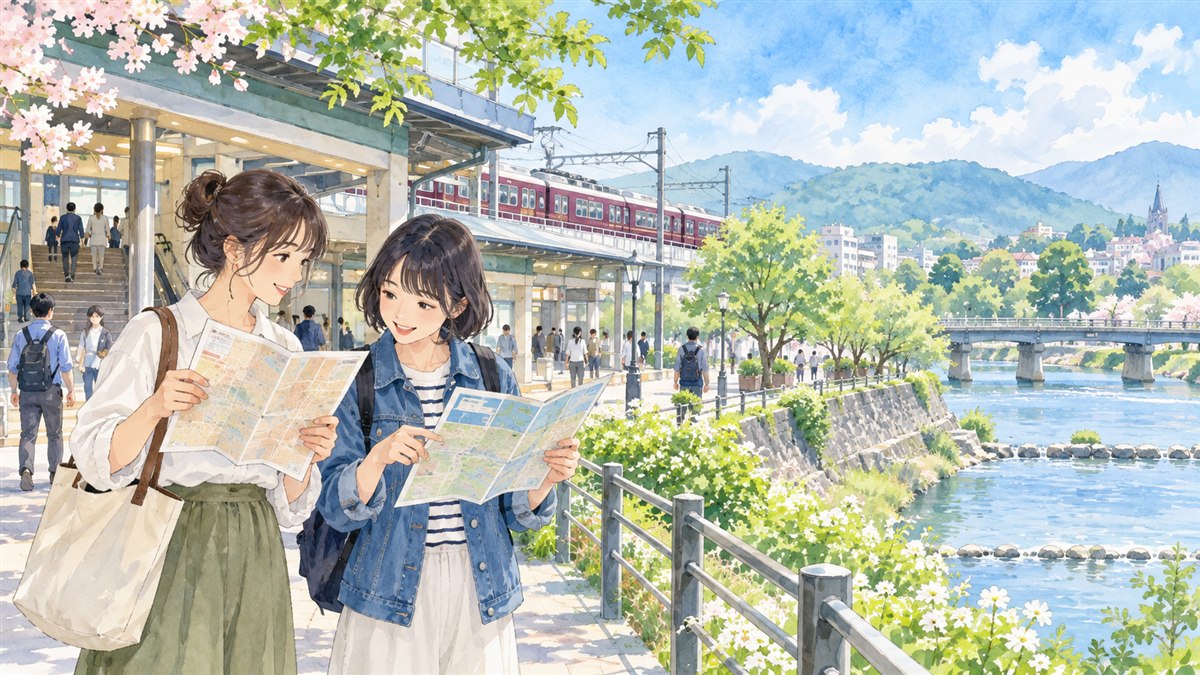 駅と水辺のある街で道順を相談する二人のイメージイラスト。柴島駅周辺の実際の地形や経路ではありません。