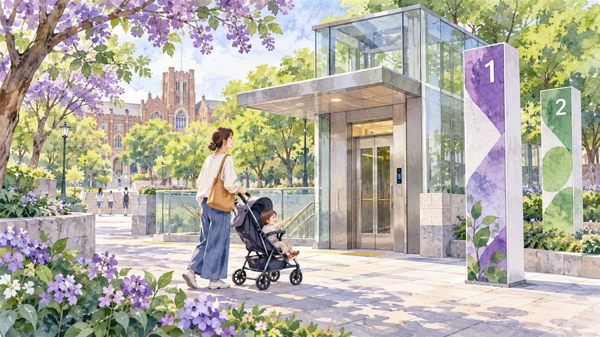 地下鉄入口のエレベーターとベビーカー利用を描いたイメージイラスト。瑞光四丁目駅や大阪経済大学の実際の設備ではありません。