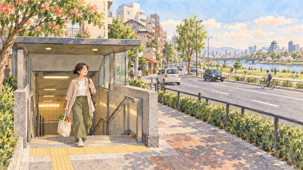 地下鉄入口から買い物帰りの道を歩く人のイメージイラスト。だいどう豊里駅の実際の出口や周辺地図ではありません。