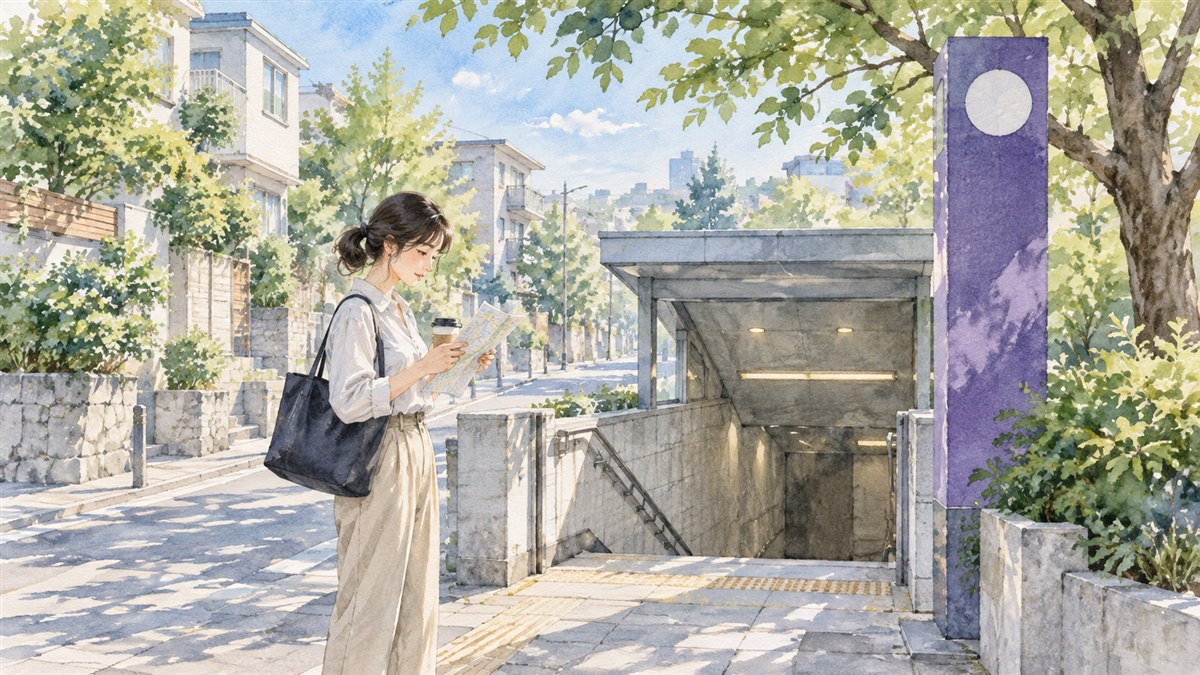 住宅街の地下鉄入口で出発準備をする人のイメージイラスト。井高野駅の実際の駅舎や周辺環境ではありません。